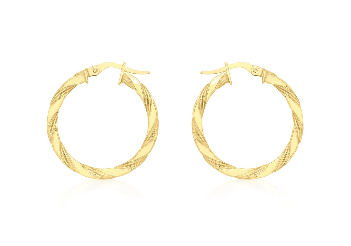 9K Yellow Gold Flat Twist Hoops 20 mm