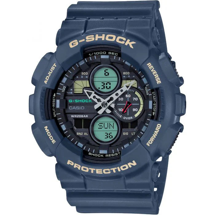 Casio G-Shock Analog-Digital Watch – Navy Blue Resin Strap with Aqua and Beige Accents / GA-140-2ADR