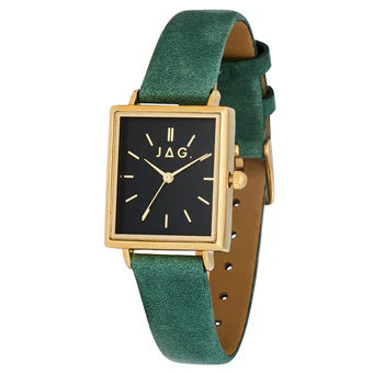 Jag Airlie – Gold-Tone Square Watch with Black Dial and Green Vegan Leather Strap / J2665