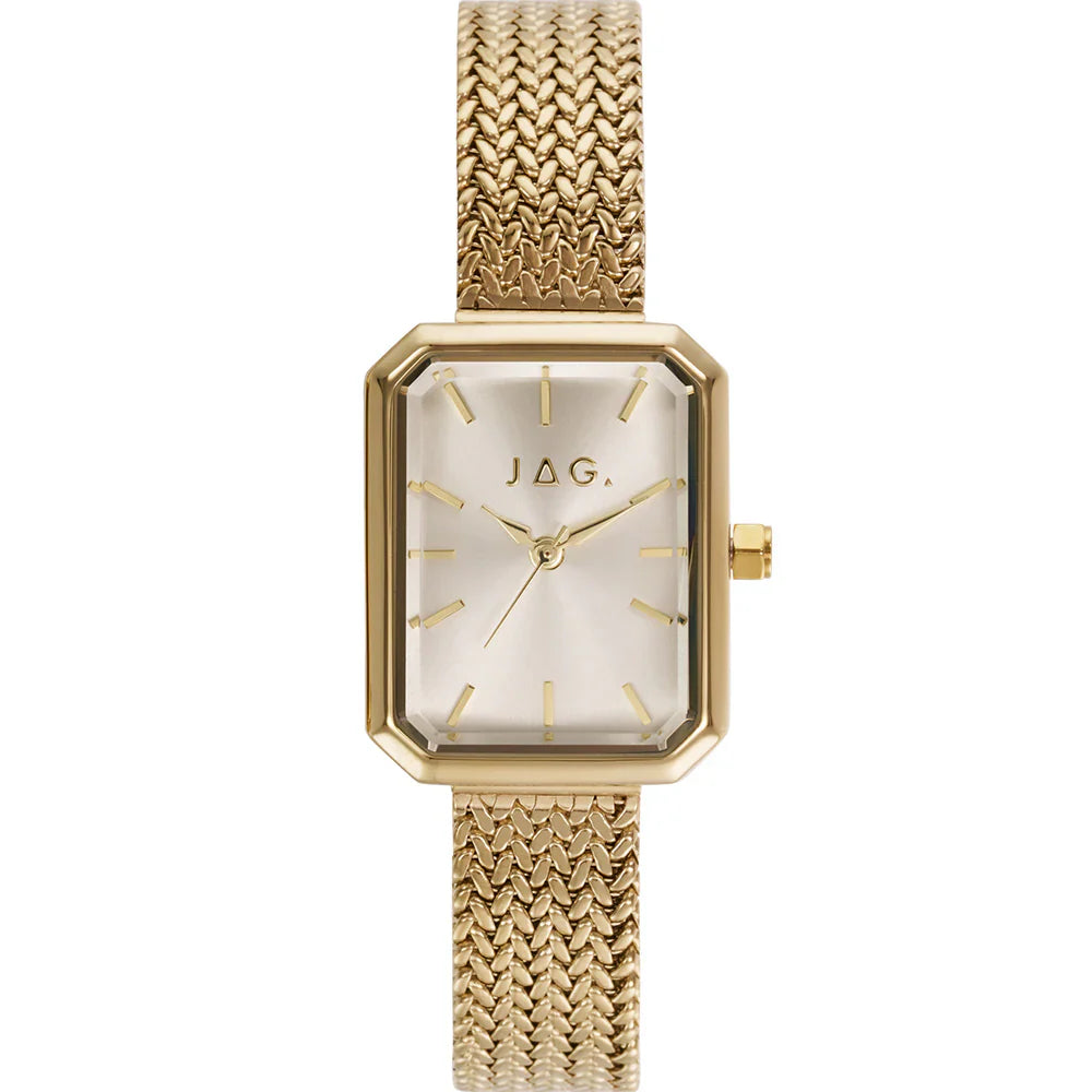 Jag Balmain – Gold-Tone Octagonal Watch with Champagne Dial and Mesh Bracelet / J2915A