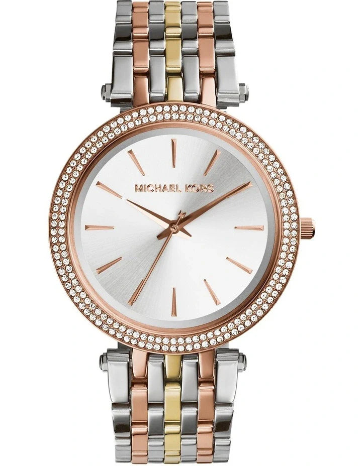 Michael Kors Darci Three Tone Silver/Rose/Gold Stainless Steel Luxury Watch / MK3203