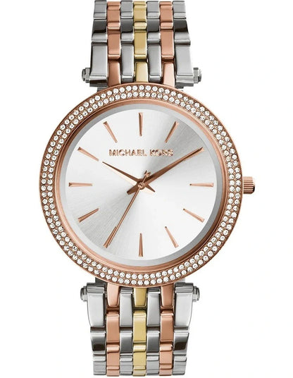 Michael Kors Darci Three Tone Silver/Rose/Gold Stainless Steel Luxury Watch / MK3203