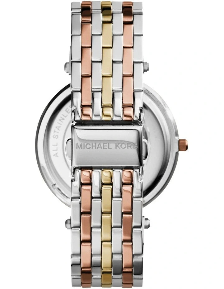 Michael Kors Darci Three Tone Silver/Rose/Gold Stainless Steel Luxury Watch / MK3203