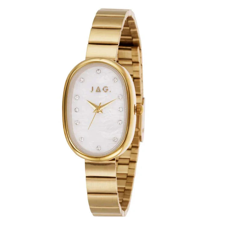 Jag Lorne – Gold-Tone Oval Watch with Mother-of-Pearl Dial and Crystal Markers / J2920A