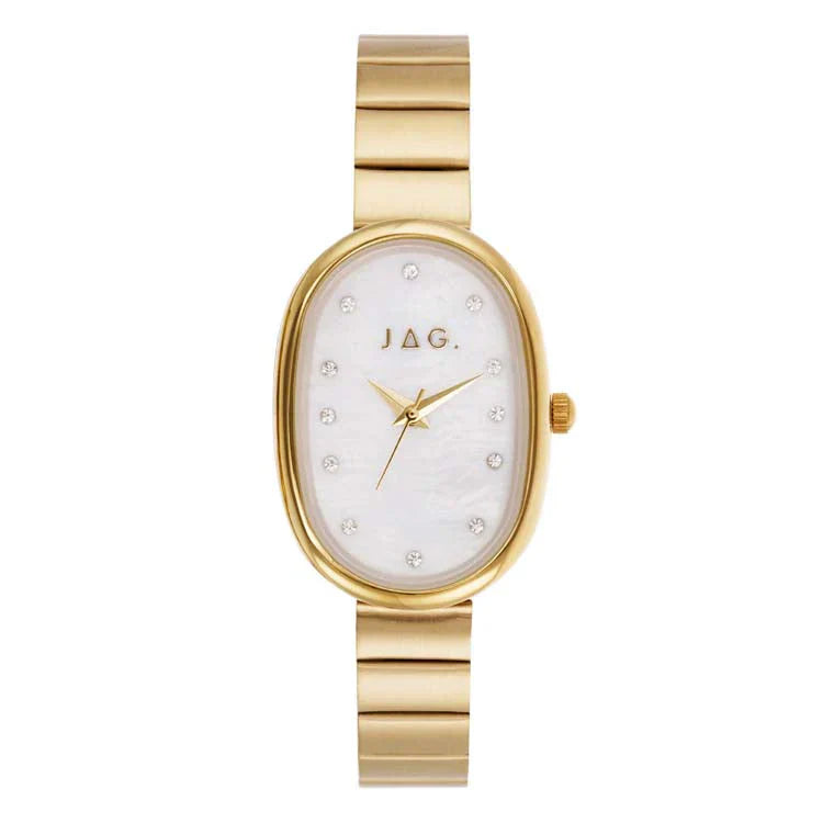 Jag Lorne – Gold-Tone Oval Watch with Mother-of-Pearl Dial and Crystal Markers / J2920A
