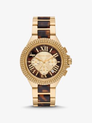Michael Kors Oversized Camille Pavé Gold-Tone and Tortoiseshell Acetate Watch / MK7269