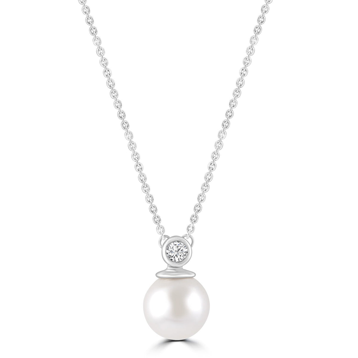Diamond Pearl Necklace with 0.03ct Diamonds in 9K White Gold - N-20565-003-W