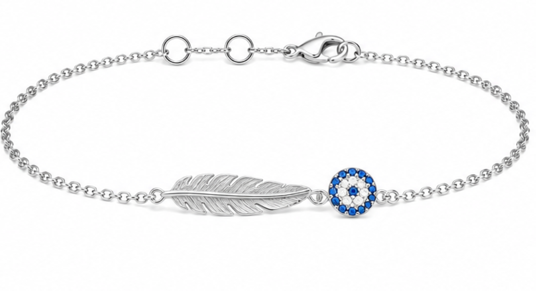 Silver Feather & Evil Eye Bracelet